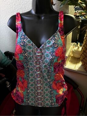 Jantzen Floral Mosaic Swim Top- Teal, Pink & Orange